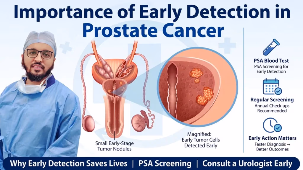 Importance of early detection in prostate cancer showing enlarged prostate with tumors and urologist explaining PSA screening