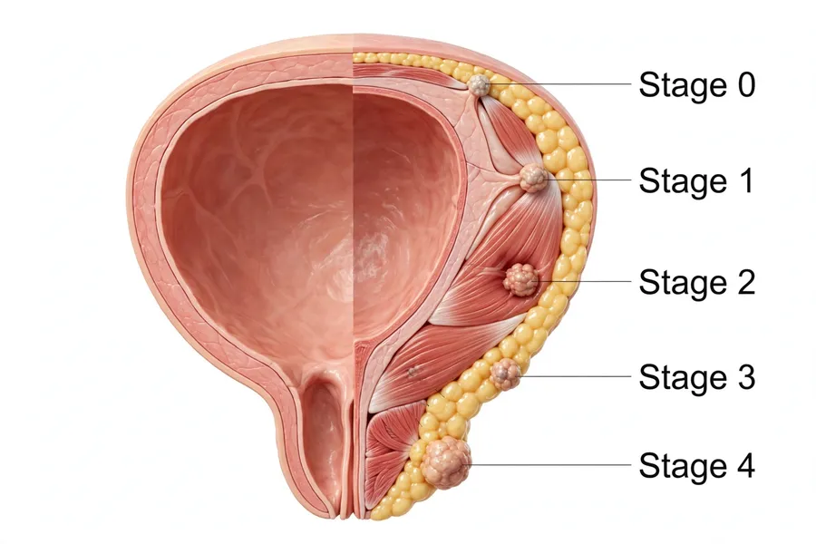 bladder cross-section showing tumor progression with Stage 0, Stage 1, Stage 2, Stage 3, Stage 4