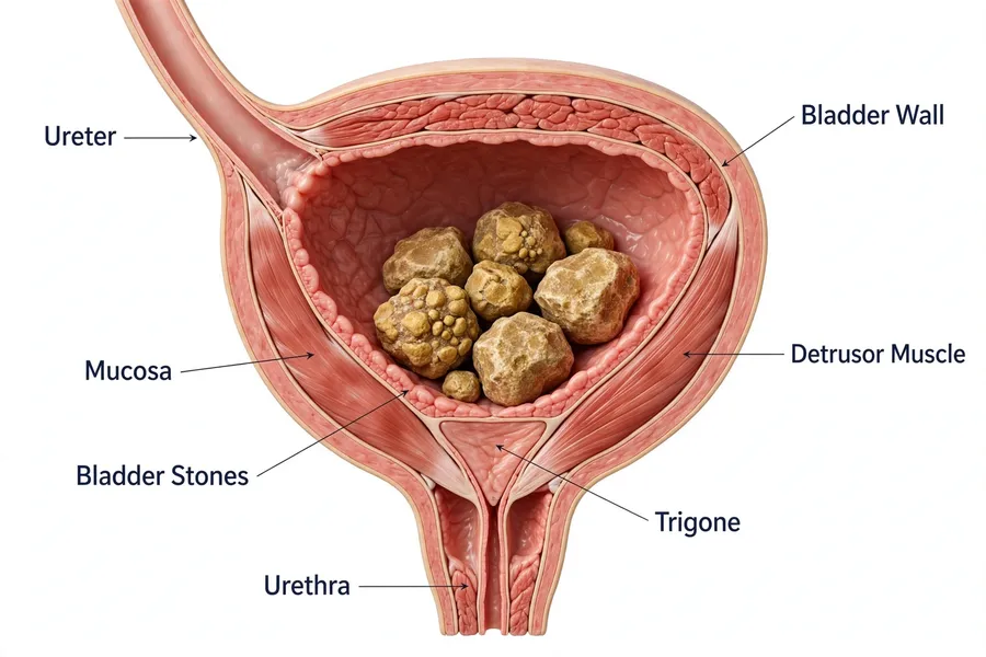 Bladder stones model showing cross-section clearly marking bladder wall, detrusor muscle, mucosa, bladder stones, ureter, urethra and trigone with leader lines. by Dr. Yusuf Saifee