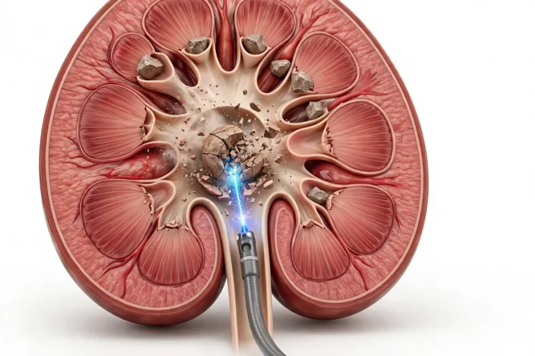 Laser kidney stone surgery RIRS model showing holmium laser lithotripsy fragmenting kidney stone via flexible ureteroscope