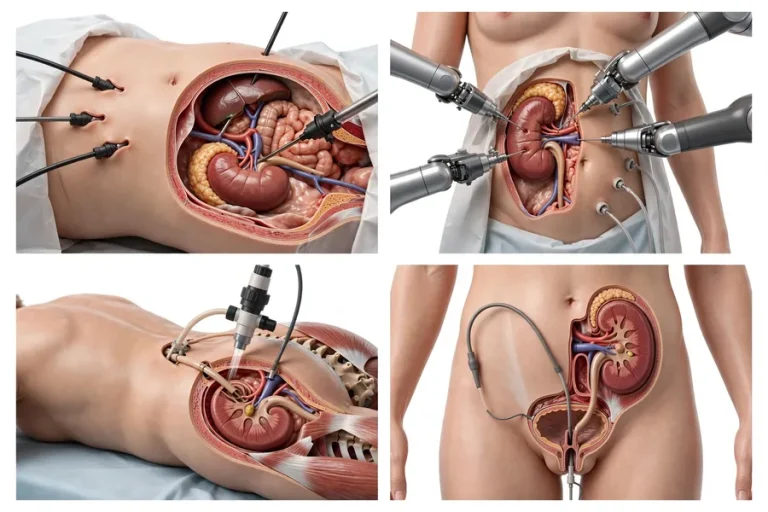 Minimally invasive kidney surgeries model showing laparoscopic robotic PCNL and RIRS ureteroscopy techniques