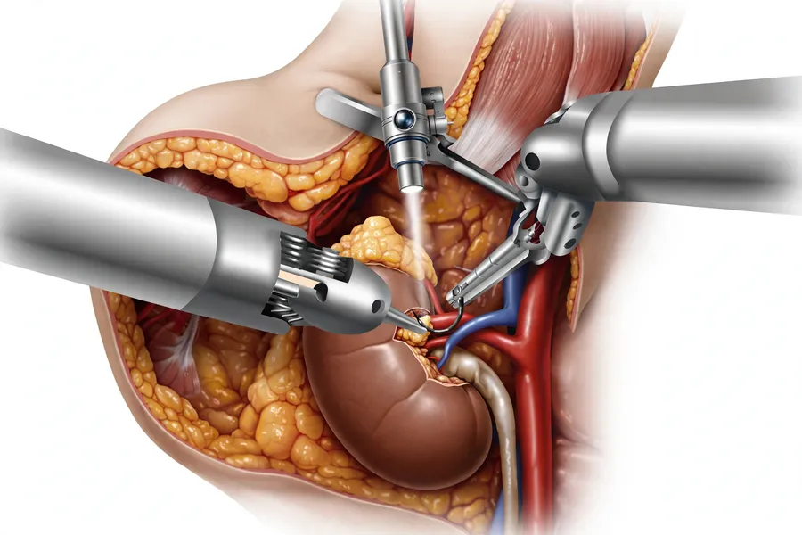 Urological kidney surgery model showing robotic partial nephrectomy with tumor removal and laparoscopic approach