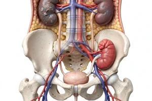 Kidney transplant surgery model showing transplanted kidney in iliac fossa with vascular anastomosis to iliac artery vein and ureter to bladder