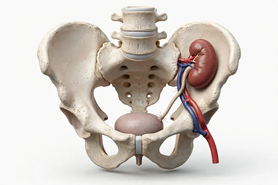 Kidney transplant surgery model showing transplanted kidney in iliac fossa with vascular anastomosis to iliac artery vein and ureter to bladder