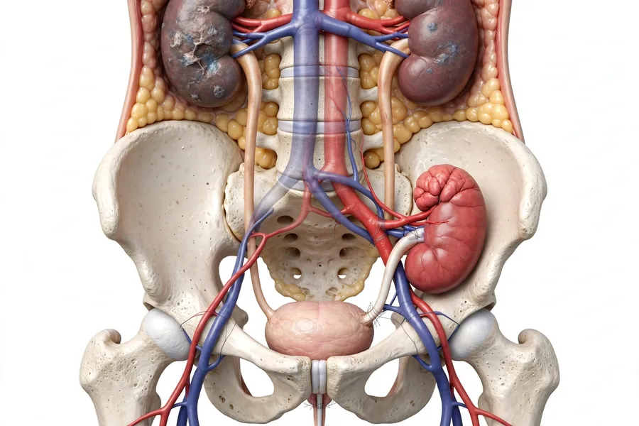 Kidney transplant surgery model showing transplanted kidney in iliac fossa with vascular anastomosis to iliac artery vein and ureter to bladder