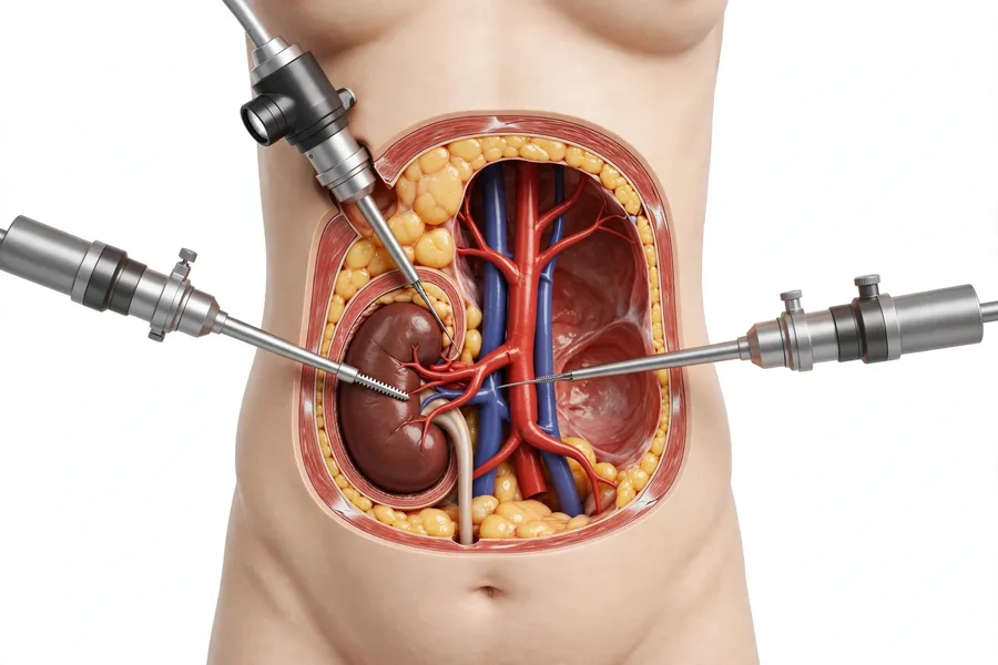 Laparoscopic kidney surgery model showing minimally invasive nephrectomy with trocar insertion and keyhole approach