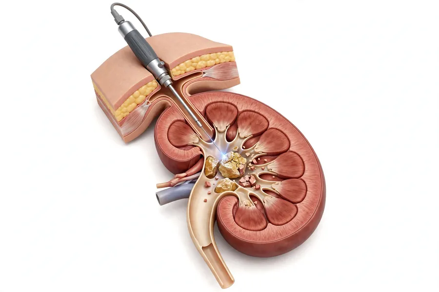 Mini PCNL surgery model showing mini percutaneous nephrolithotomy with nephroscope removing kidney stones