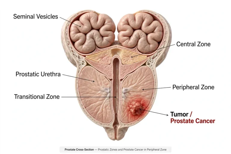 3D anatomical model of prostate cancer showing tumor in peripheral zone with prostate zones and urethra