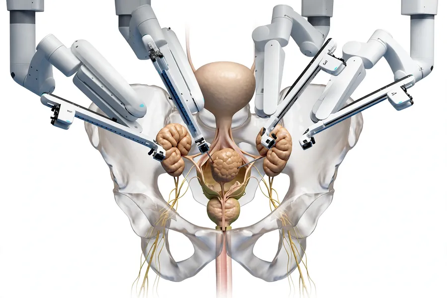 Prostate surgery model showing robotic radical prostatectomy with nerve sparing technique and bladder anatomy