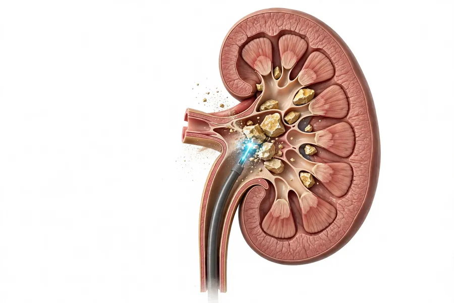 RIRS retrograde intrarenal surgery model showing flexible ureteroscopy with laser stone fragmentation in kidney