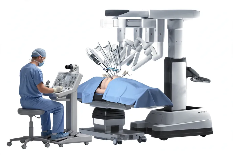 Robotic surgery model showing da Vinci surgical system with robotic arms performing minimally invasive urology procedure