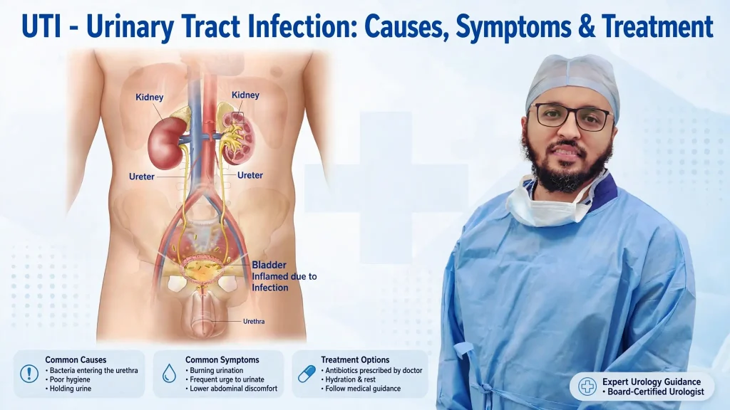 Urinary tract infection anatomy showing inflamed bladder and urethra with urologist Dr Yusuf Saifee explaining UTI causes and treatment