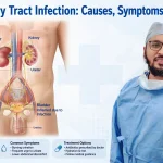 Urinary tract infection anatomy showing inflamed bladder and urethra with urologist Dr Yusuf Saifee explaining UTI causes and treatment