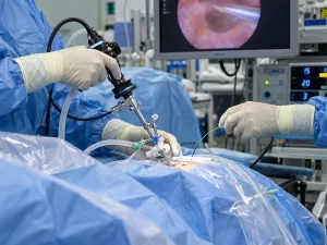 Endoscopic surgery in operating room showing surgeon performing minimally invasive endoscopic procedure with monitor displaying internal view