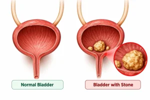 Normal bladder vs bladder with stone comparison showing healthy bladder and bladder with multiple bladder stones with magnified view