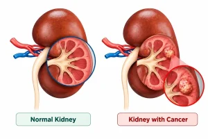 Normal kidney vs kidney with cancer comparison showing healthy kidney cross-section and kidney with renal cell carcinoma tumor with magnified view