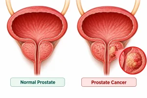Normal prostate vs prostate cancer comparison showing healthy prostate and prostate with cancer tumor with magnified view of tumor