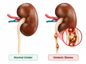 Normal ureter vs ureteric stones comparison showing kidney stone blockage in ureter with zoomed view